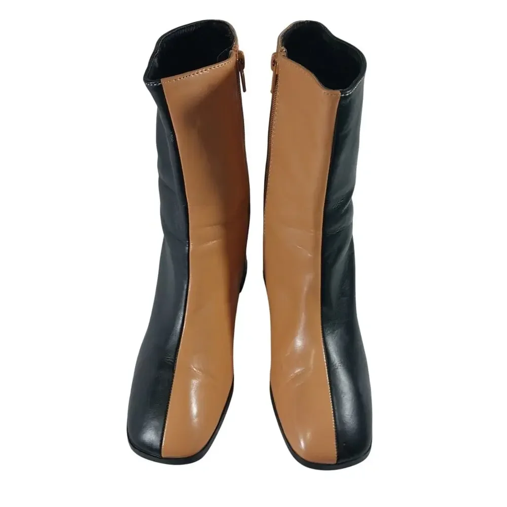 CODE Z! BLACK & TAN BEIGE SPLIT COLOR, CENTER SEAM, CHUNKY HEEL ANKLE BOOTS! 5M - Picture 4 of 12